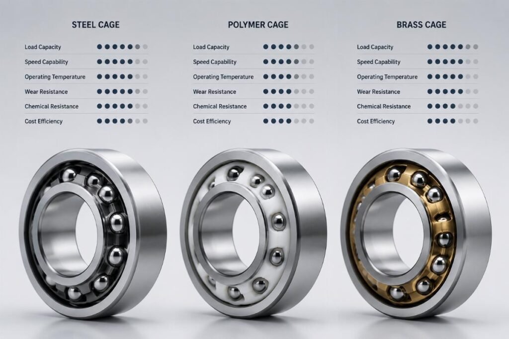 Bearing cage types comparison showing steel, polymer, and brass cages with performance metrics