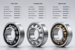 Bearing cage types comparison showing steel, polymer, and brass cages with performance metrics
