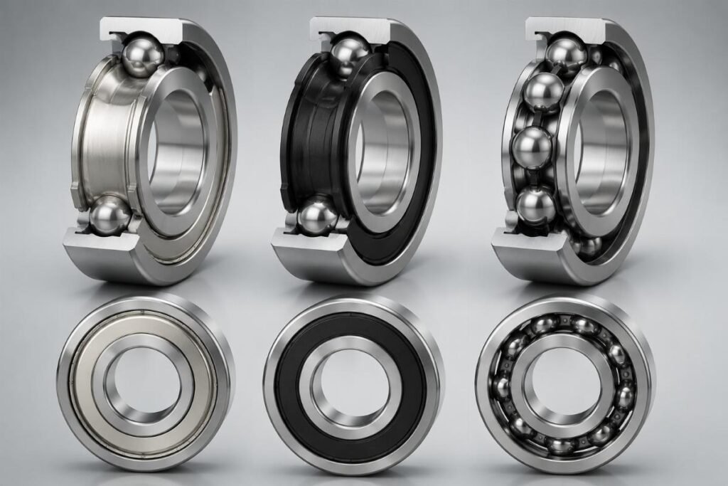 Bearing seal types comparison: ZZ metal shield, 2RS rubber seal, and open bearing structures with IP protection ratings
