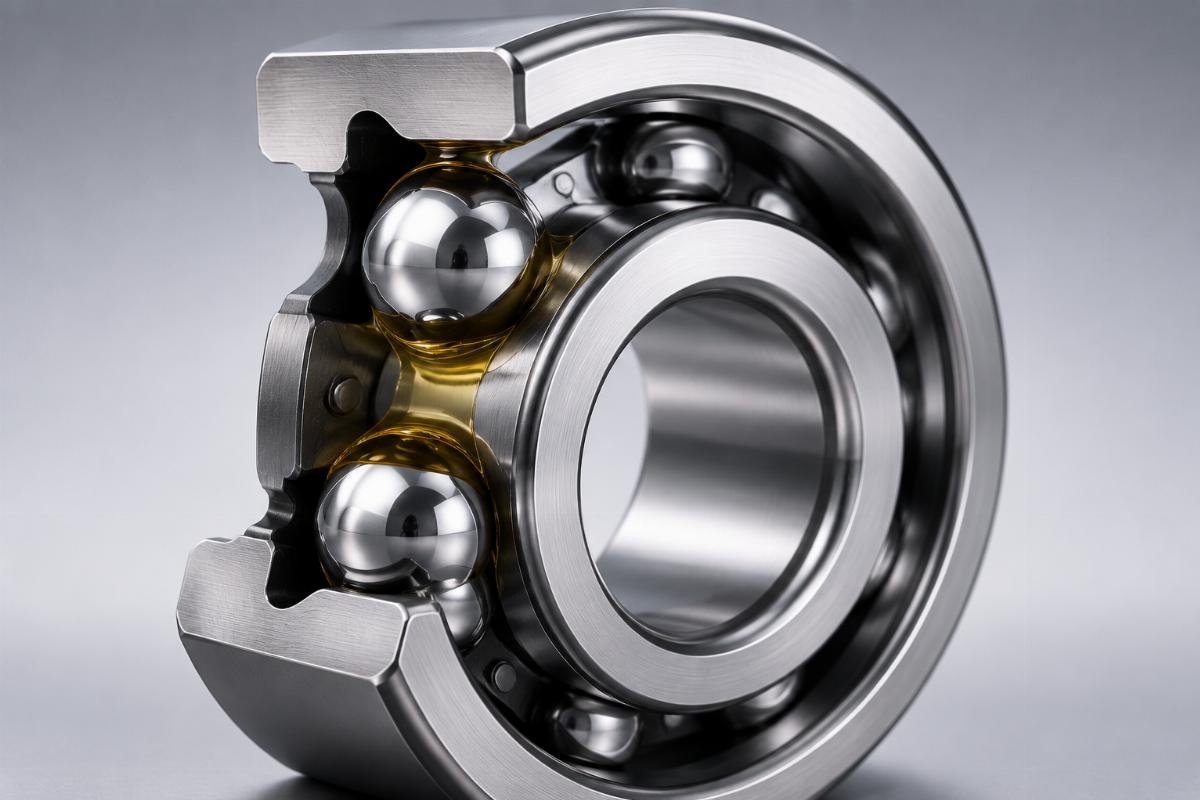 Bearing cross-section showing lubricant film between rolling elements and raceway