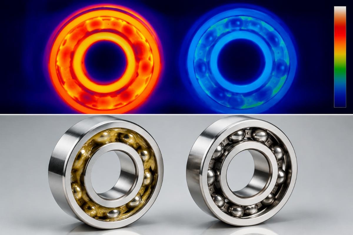 Thermal image comparing temperature of over-lubricated vs properly lubricated bearings